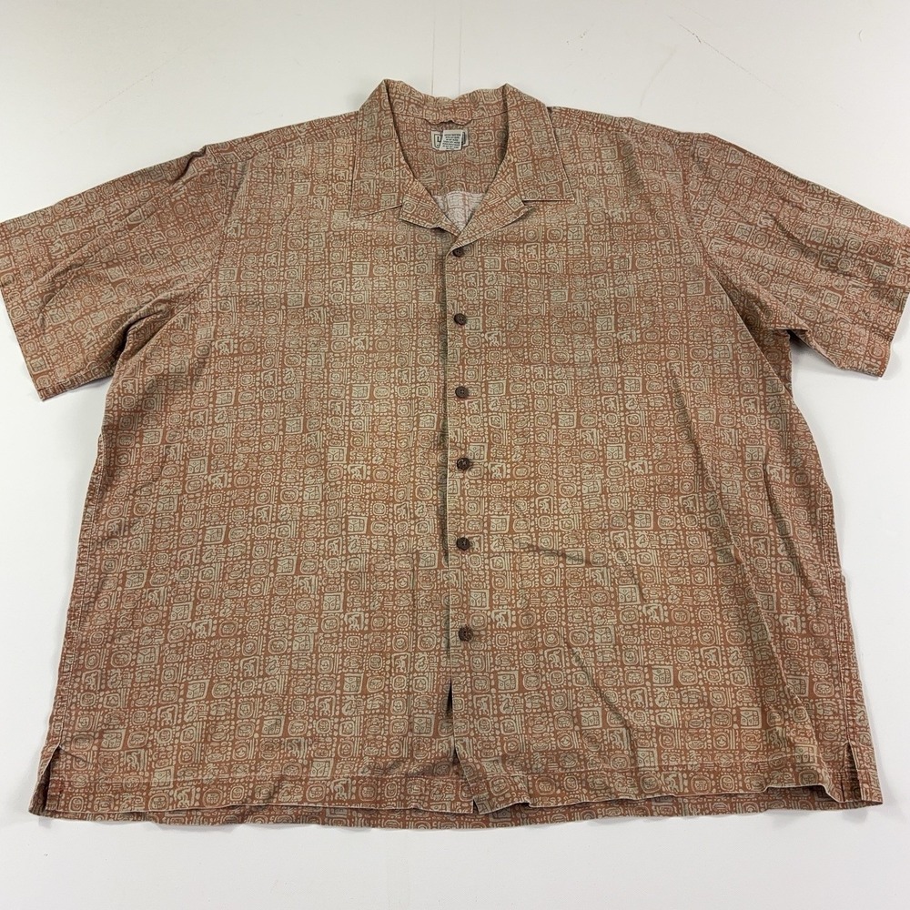 L.L. Bean Shirt Mens 2XL Brown Geometric Short Sleeve Camp Button Up Cotton